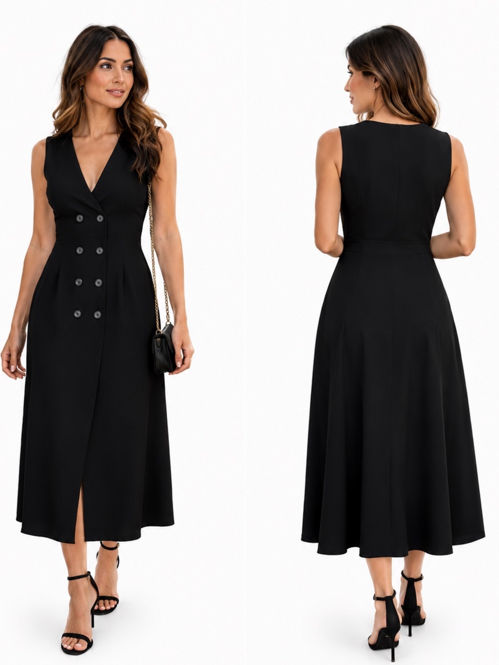 Zara Black Double-Breasted V‑Neck Midi Dress